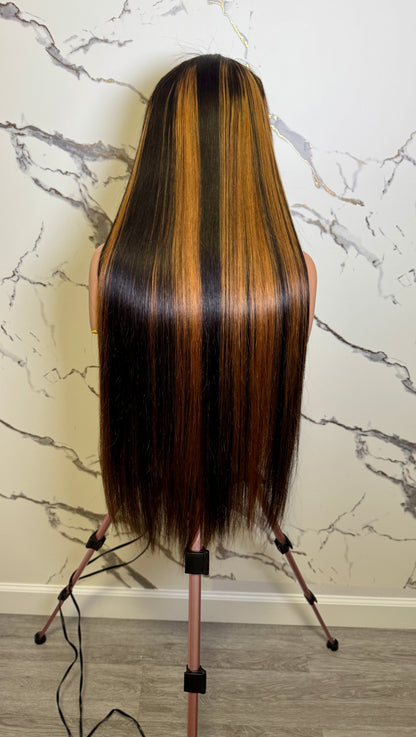 Raw Vietnamese SD Straight Brown streaked Luxury HD Frontal WIG