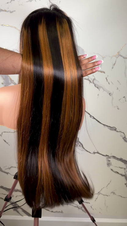 Raw Vietnamese SD Straight Brown streaked Luxury HD Frontal WIG